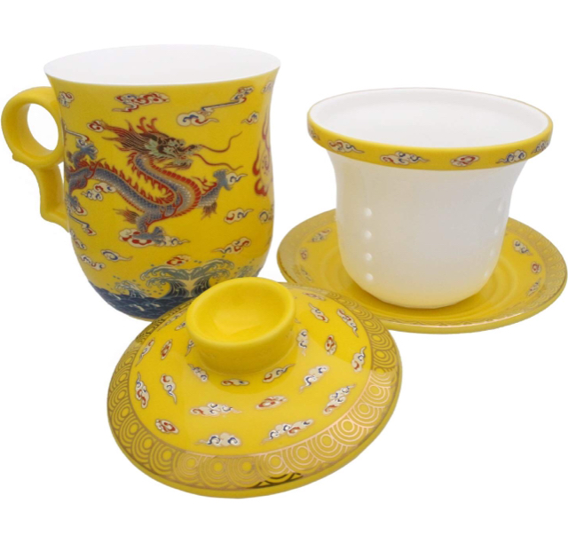 Chinese Porcelain Tea Cup with Lid and Saucer Infuser Set